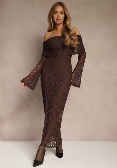Brązowa Koronkowa Sukienka Koktajlowa z Odkrytymi Ramionami Eperria