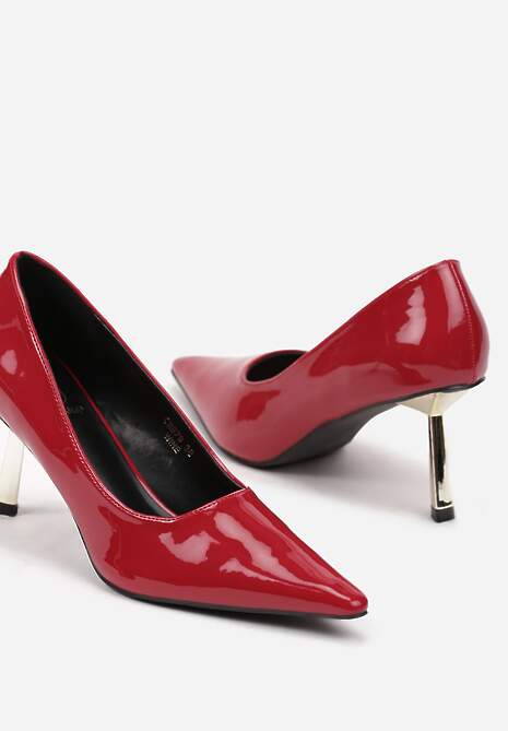 Bordowe Eleganckie Czółenka Lakierowane na Szpilce z Metalicznym Wykończeniem Rivathra