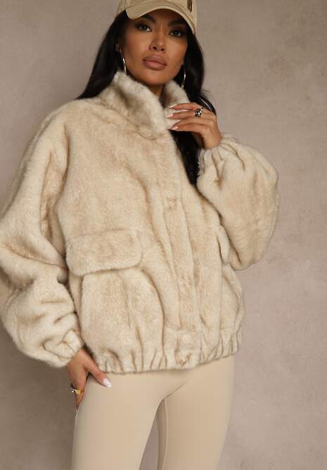 Beżowa Futrzana Kurtka Bomberka z Kieszeniami Tiwedela