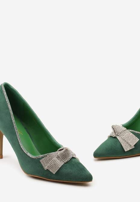 Zielone Szpilki z Cyrkoniowymi Kokardami ze Szpiczastym Noskiem Crandia