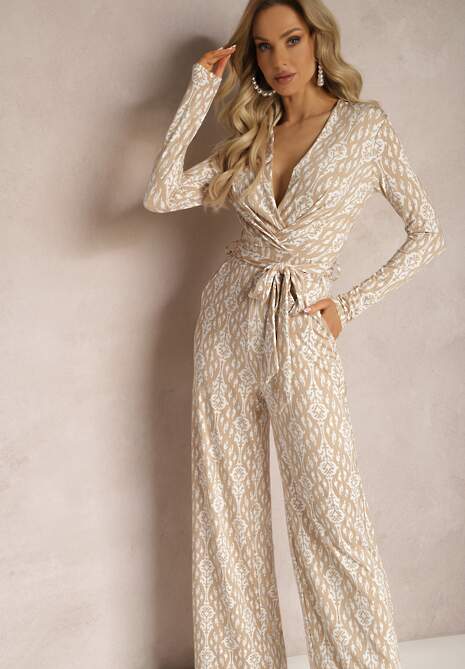 Beżowy Kopertowy Kombinezon z Paskiem w Talii i Ozdobnym Wzorem Mirannda