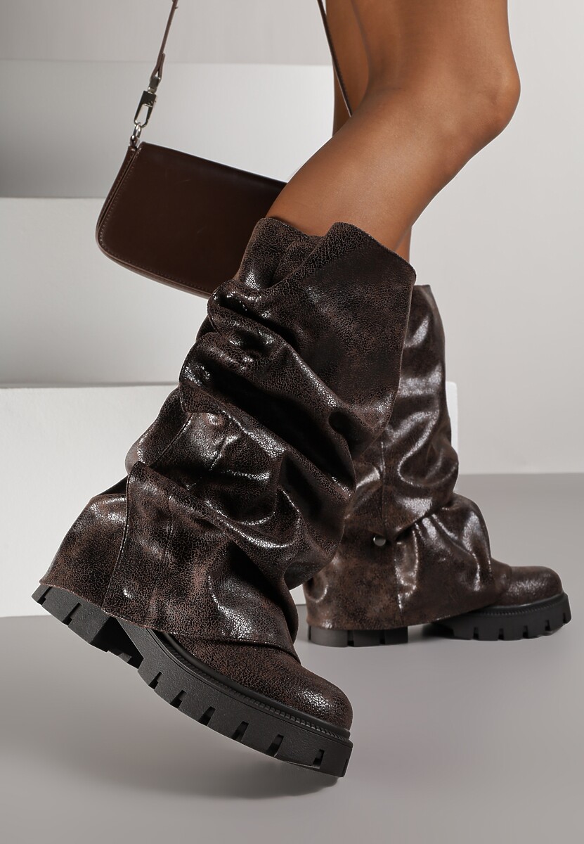 Brązowe Botki na Platformie Ozdobione Wywiniętą Cholewką Nenalea