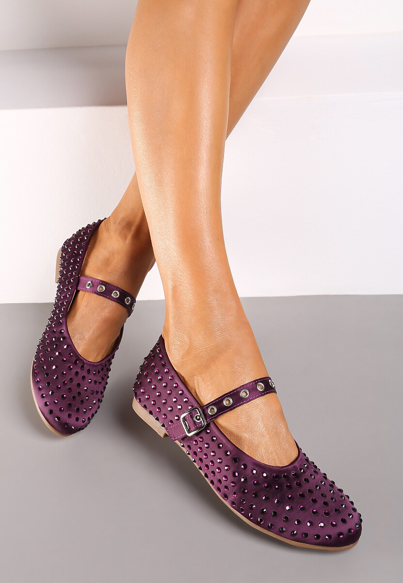 Bordowe Cyrkoniowe Balerinki w Stylu Mary Jane na Płaskiej Podeszwie z Ozdobnym Paskiem Armiola