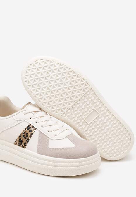 Beżowe Sneakersy na Platformie Ozdobione Paskami w Panterkę ze Sznurowaniem Bormi