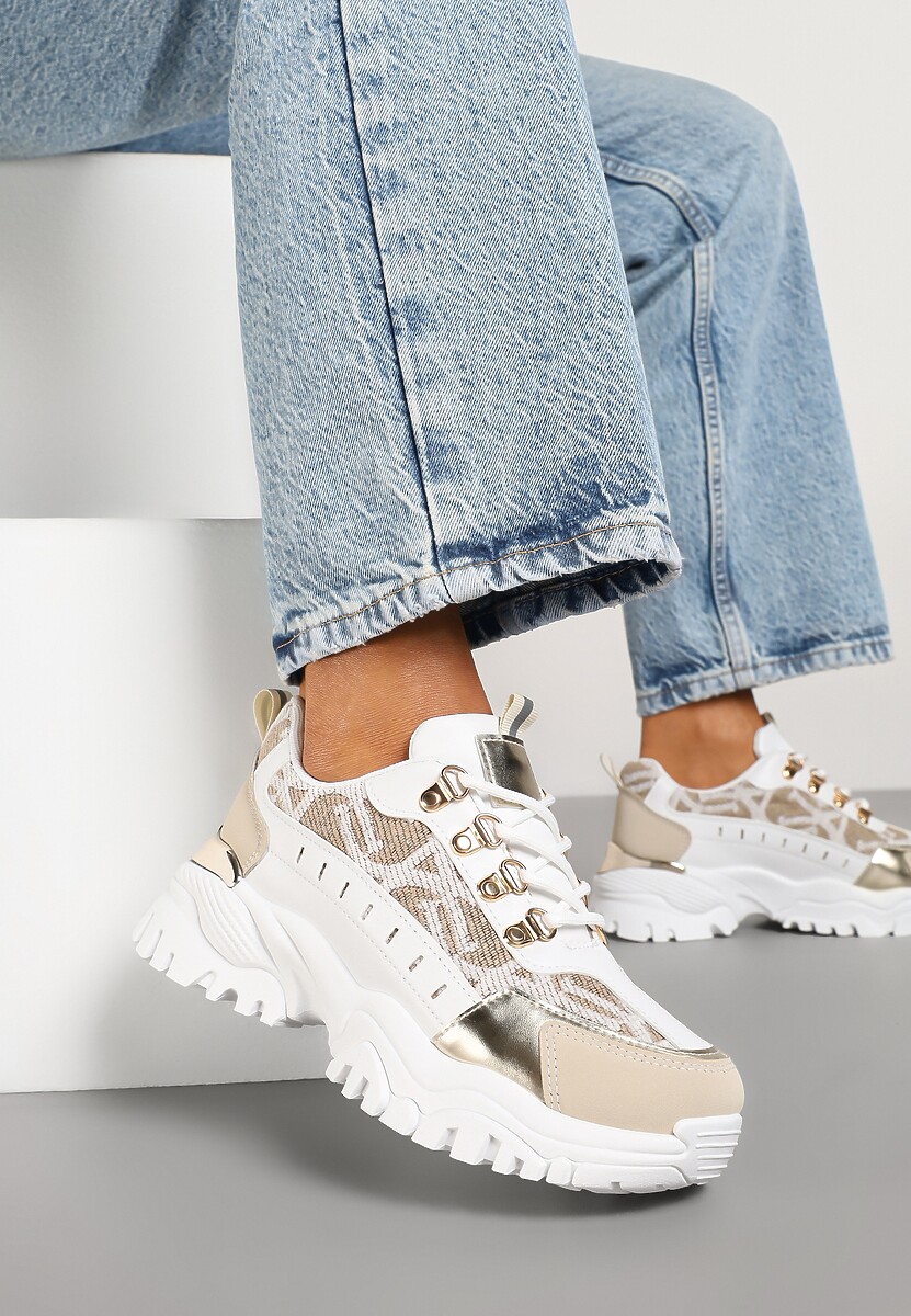 Beżowo-Zielone Sneakersy w Steetwearowym Stylu na Tłoczonej Platformie Ozdobione Wzorem w Panterkę Gonavielle