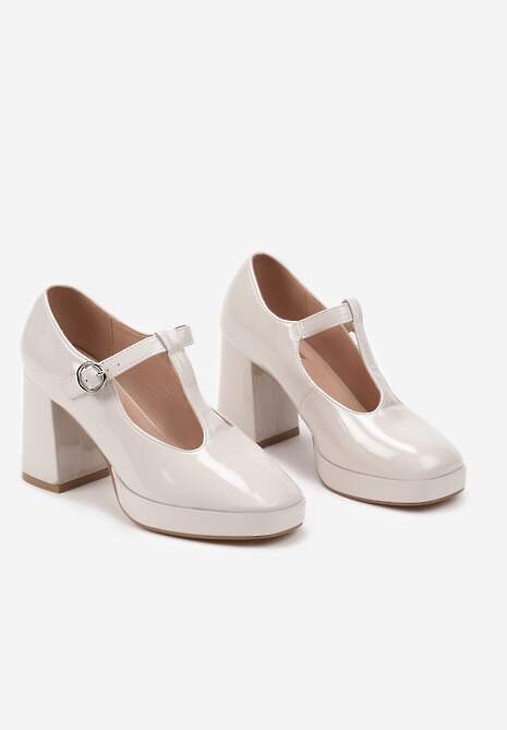 Beżowe Półbuty Lakierowane na Słupku w Stylu Retro Merione