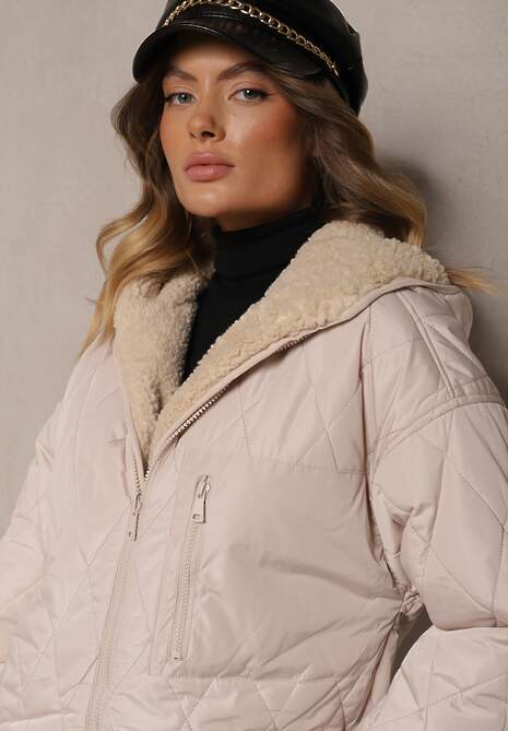 Jasnobeżowa Pikowana Kurtka Dwustronna z Futrem i Kapturem Emalira