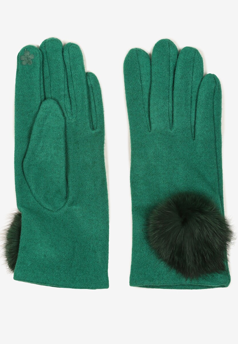 Zielone Rękawiczki z Bawełną Ozdobione Futrzanym Pomponem Nadelina