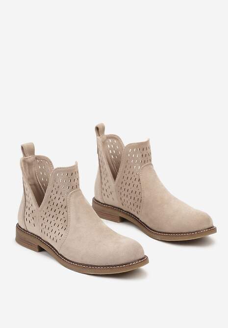 Beżowe Ażurowe Botki w Stylu Sztybletów z Wycięciem z Boku i Skórzaną Wkładką Bralena