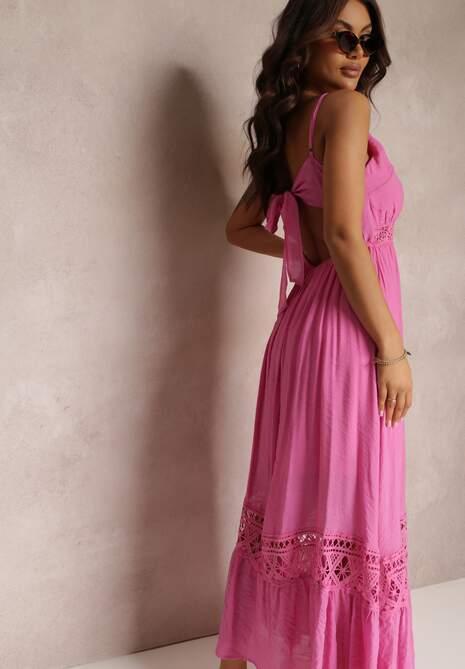 Fuksjowa Rozkloszowana Sukienka Maxi z Falbanką i Koronką Luluma