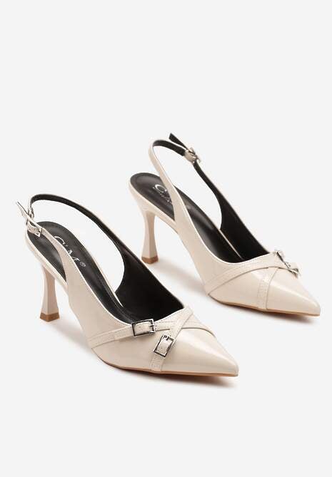 Beżowe Sandały Lakierowane na Szpilce z Ozdobnymi Klamrami Delaiona