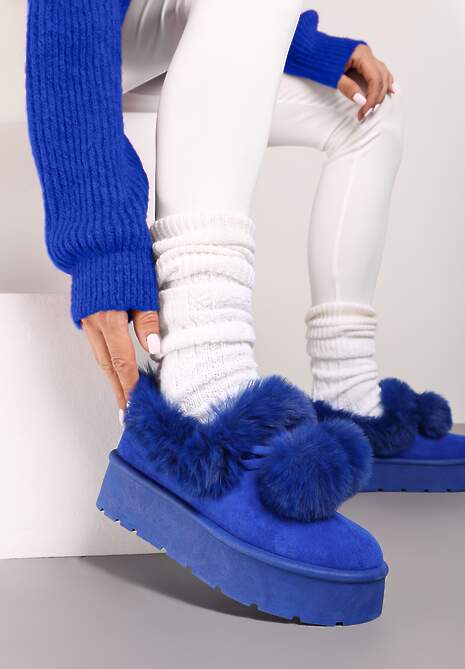 Niebieskie Śniegowce na Platformie z Pomponami i Ozdobnym Sztucznym Futerkiem Iriviane