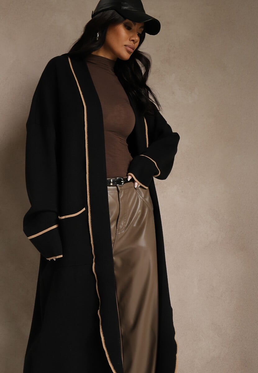 Czarny Niezapinany Kardigan o Długim Kroju z Lamówką Venisse