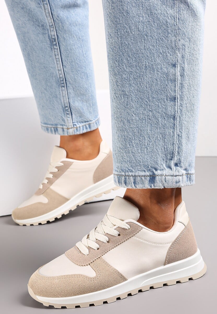 Biało-Ciemnobeżowe Sznurowane Sneakersy na Płaskiej Podeszwie z Wycięciami i Wstawkami Zaylynn
