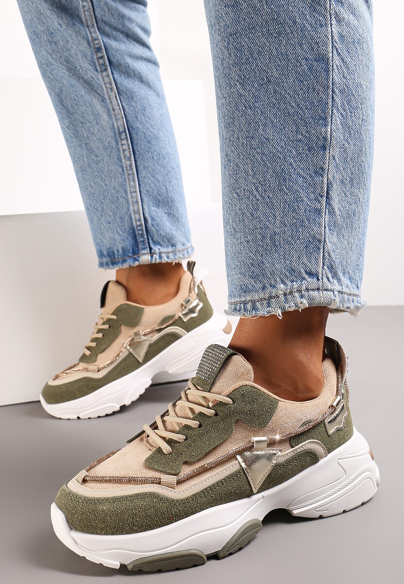 Beżowo-Zielone Sneakersy z Cyrkoniami na Grubej Podeszwie Leinov