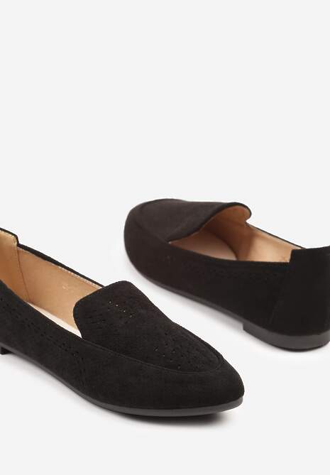 Czarne Ażurowe Mokasyny Balerinki z Wkładką ze Skóry Naturalnej Ollana