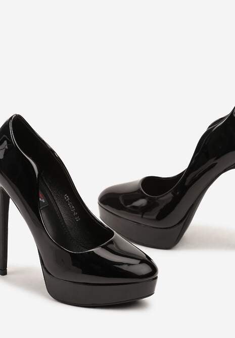 Czarne Szpilki z Lakierowaną Asymetryczną Cholewką i Platformą Acilana