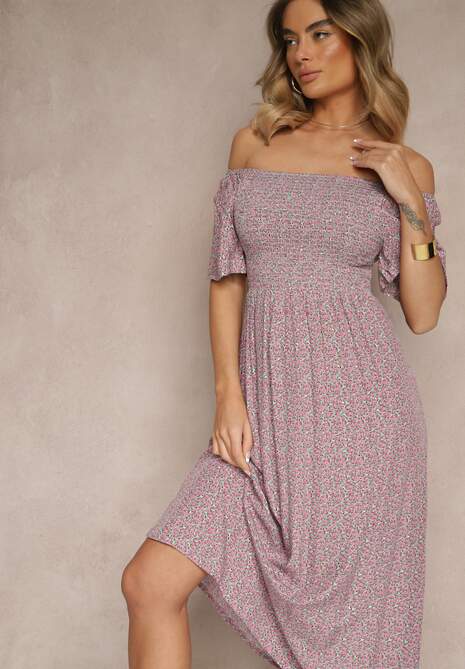 Różowa Bawełniana Sukienka Hiszpanka o Rozkloszowanym Kroju w Kwiaty Sadique