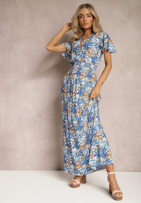 Niebiesko-Żółta Długa Sukienka Wiskozowa z Gumką w Talii i Falbanką Przy Krótkich Rękawach Glossme