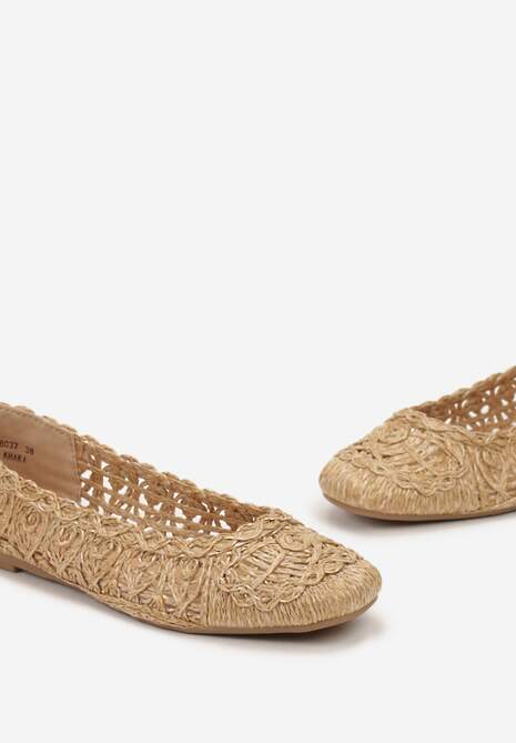 Ciemnobeżowe Balerinki na Płaskiej Podeszwie z Ażurowym Wzorem z Plecionki Erolani