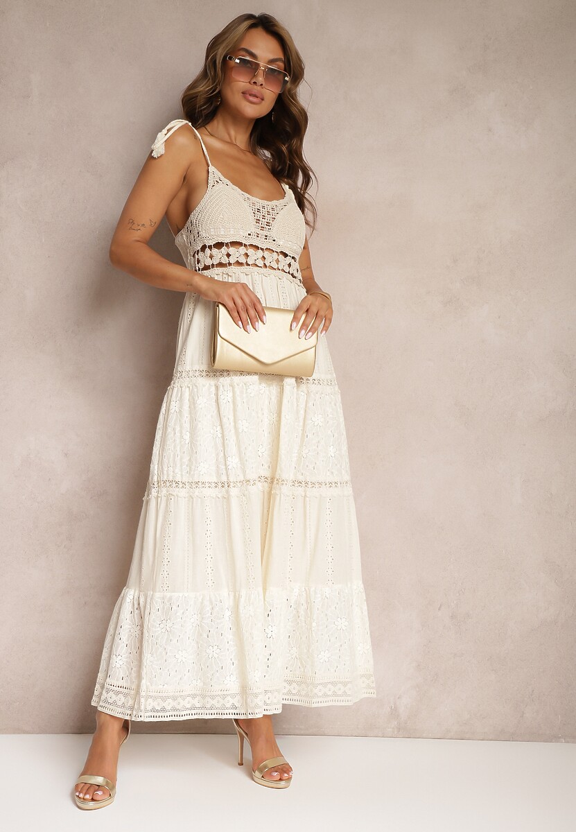 Beżowa Szydełkowa Sukienka Maxi z Ozdobnym Haftem i Falbanką Eshade