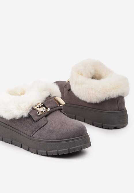 Szare Śniegowce na Platformie z Metaliczną Ozdobą i Futerkiem Mazizia