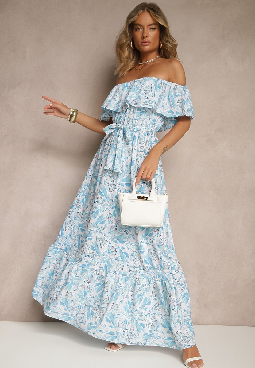 Niebieska Kwiatowa Sukienka Typu Hiszpanka z Bawełną Tiarice