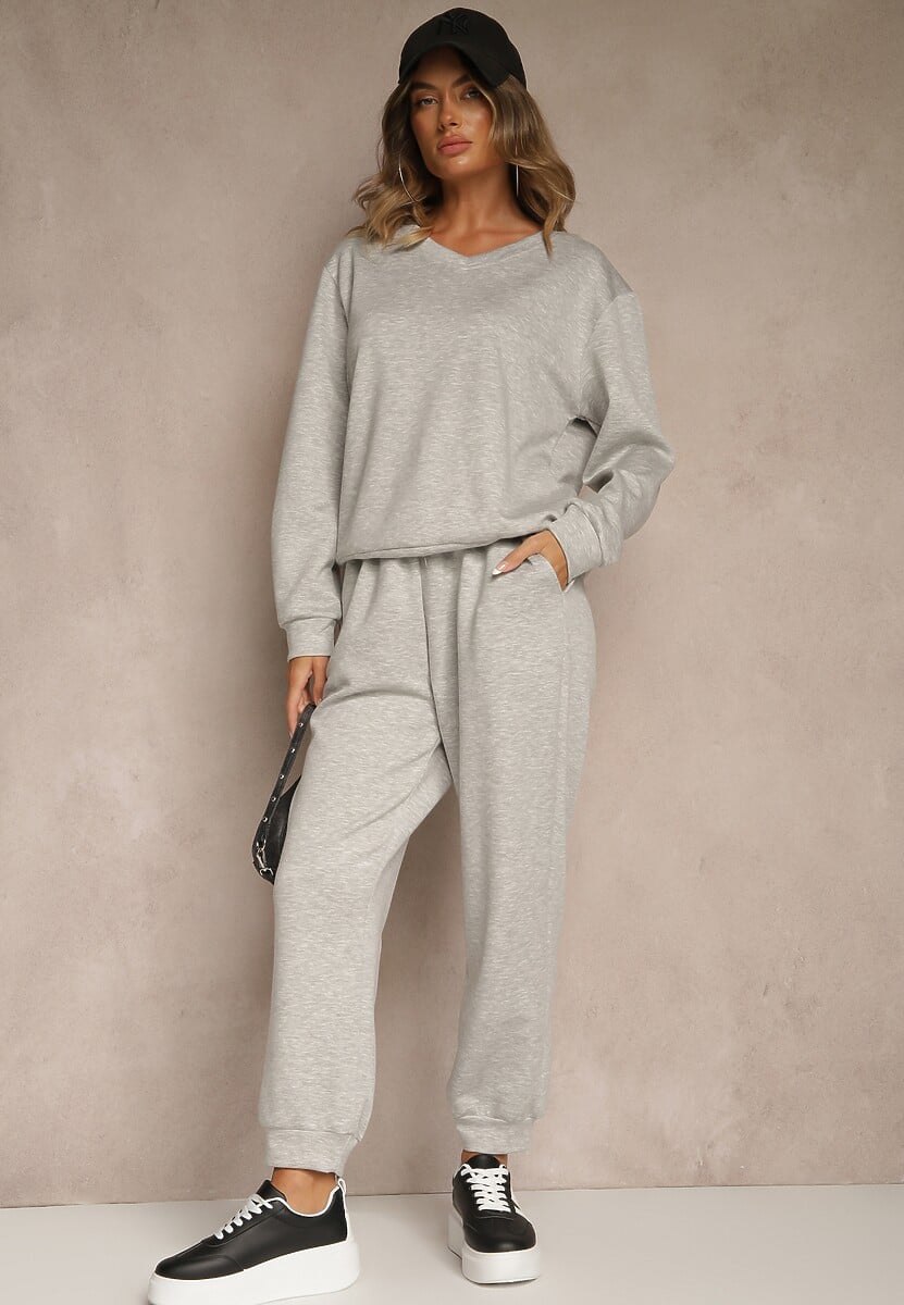 Szary Komplet Dresowy z Bawełną Spodnie ze Ściągaczami i Bluza Nirrive
