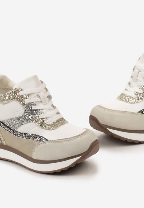 Szaro-Złote Brokatowe Sneakersy na Ukrytym Koturnie Zophiela