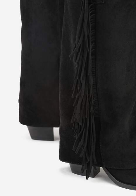 Czarne Kozaki Kowbojki na Stożku z Cholewką Imitującą Nogawkę z Frędzlami Monettea