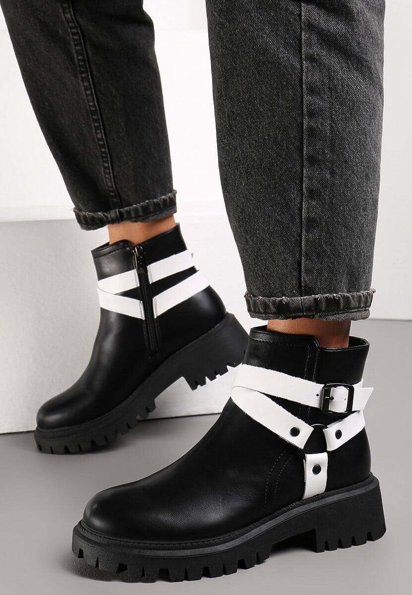 Czarno-Białe Botki na Grubej Podeszwie Arpita