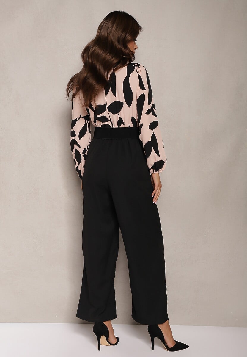 Czarno-Różowy Długi Kombinezon z Kontrastową Górą i Pasem w Talii Bintia