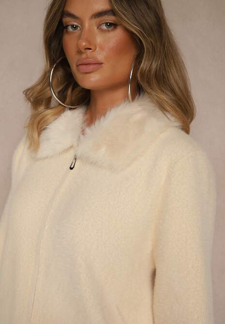 Beżowy Zasuwany Kardigan z Wełną z Futerkowym Kołnierzem Asiste