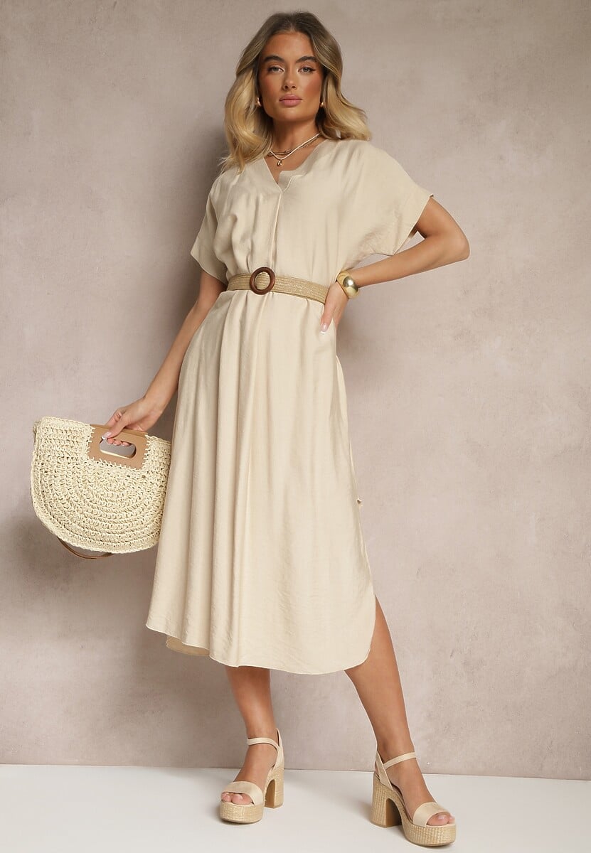 Beżowa Pudełkowa Sukienka z Wiskozy z Dekoltem V Paskiem i Rozcięciami po Bokach Soniloria