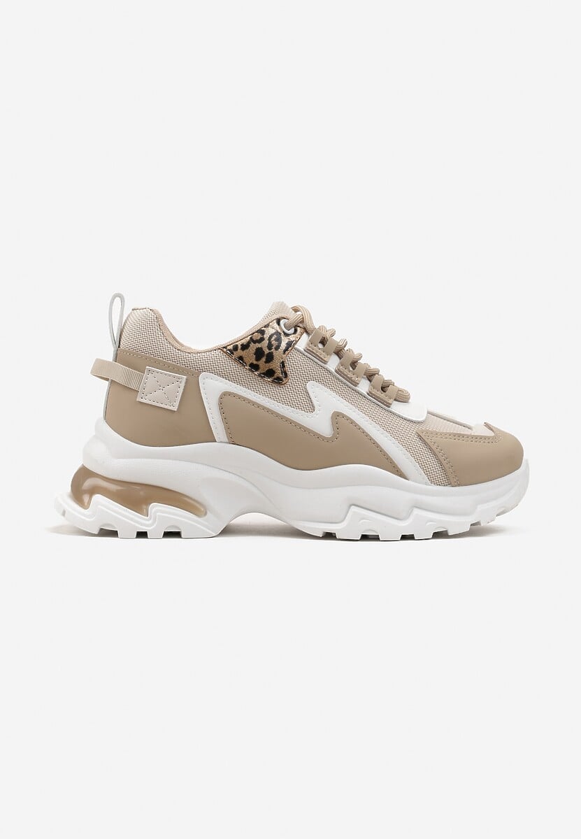 Ciemnobeżowe Sneakersy Na Grubej Podeszwie z Przeszyciami i Sznurwaniem  Marinil