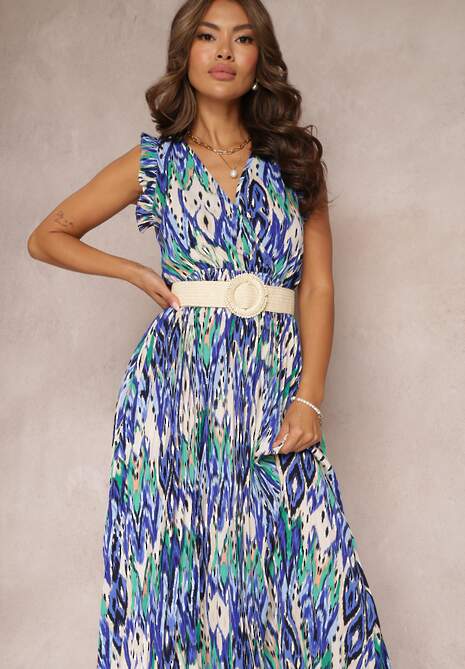 Granatowa Plisowana Sukienka Maxi z Kopertowym Dekoltem i Gumką w Pasie Axerisa