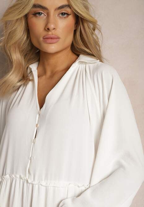 Biała Rozkloszowana Sukienka Maxi z Falbankami i Kołnierzykiem Rehtima