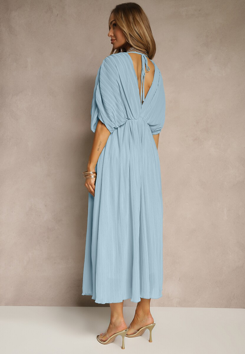 Niebieska Luźna Sukienka Wiązana na Szyi Taliowana z Rozkloszowanym Dołem Napovira