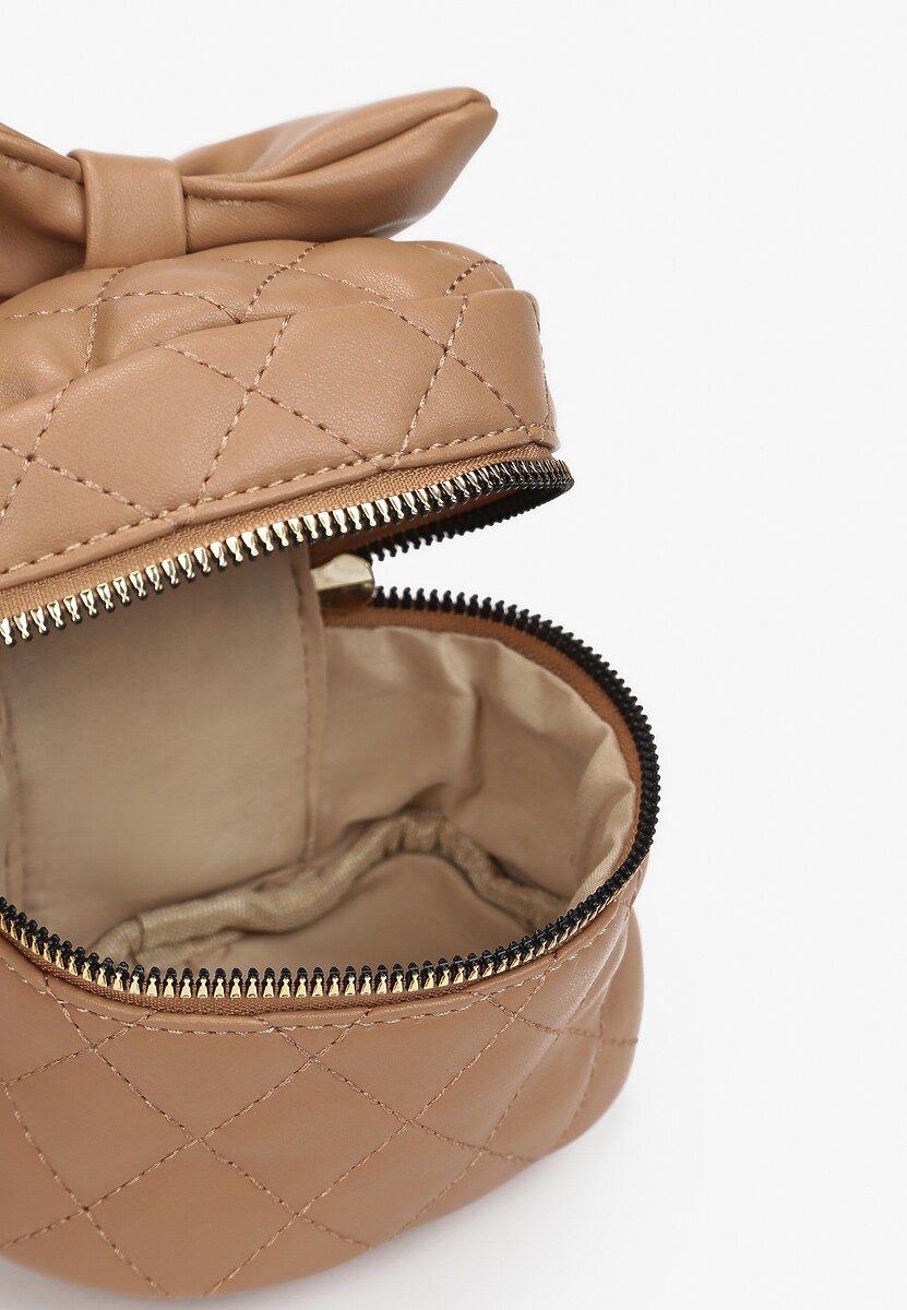 Beżowa Kwadratowa Pikowana Torebka z Ozdobną Kokardą i Suwakami Vianefa