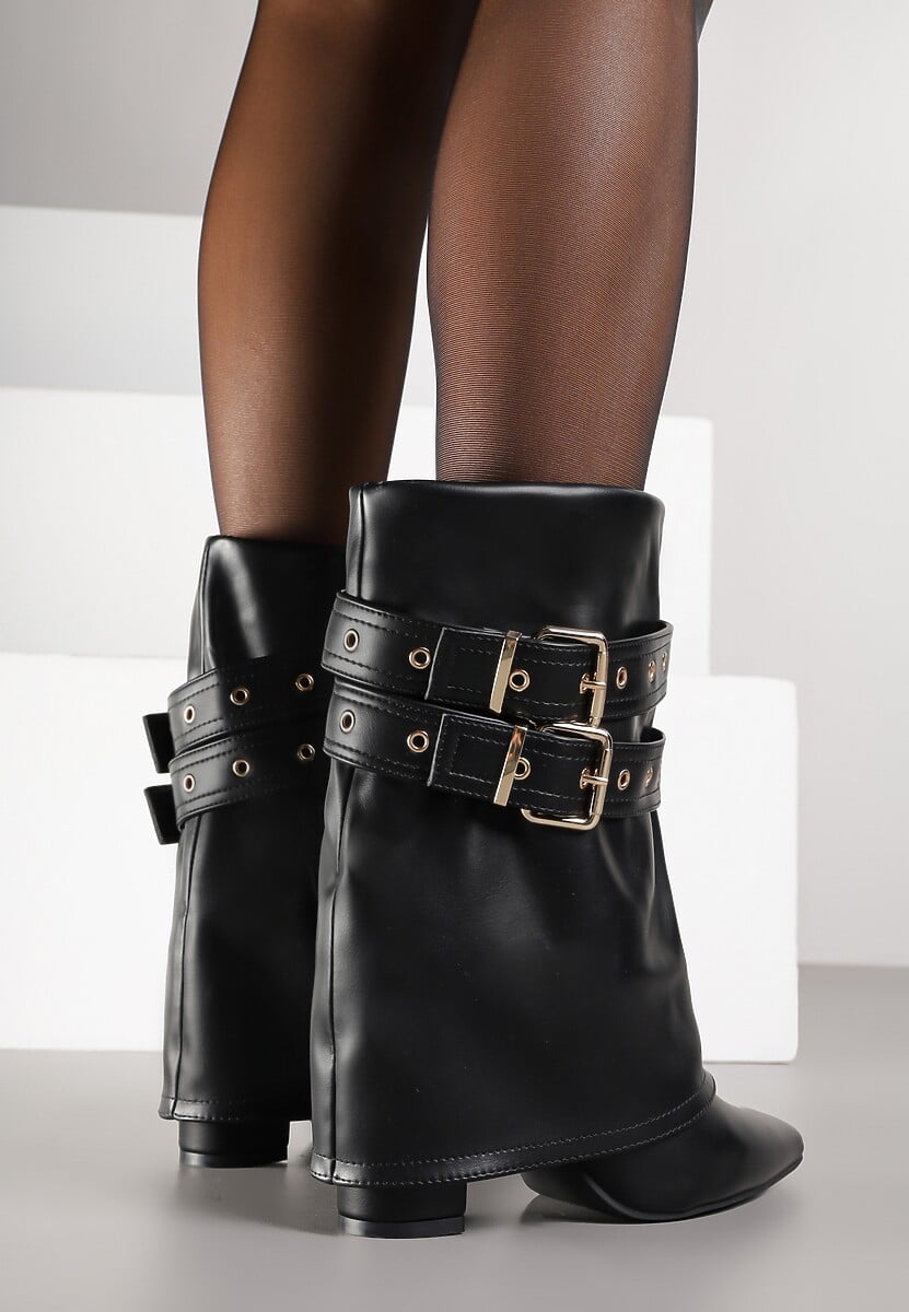 Czarne Botki Kowbojki na Słupku Ozdobione Klamrami i Wywiniętą Cholewką Codvire