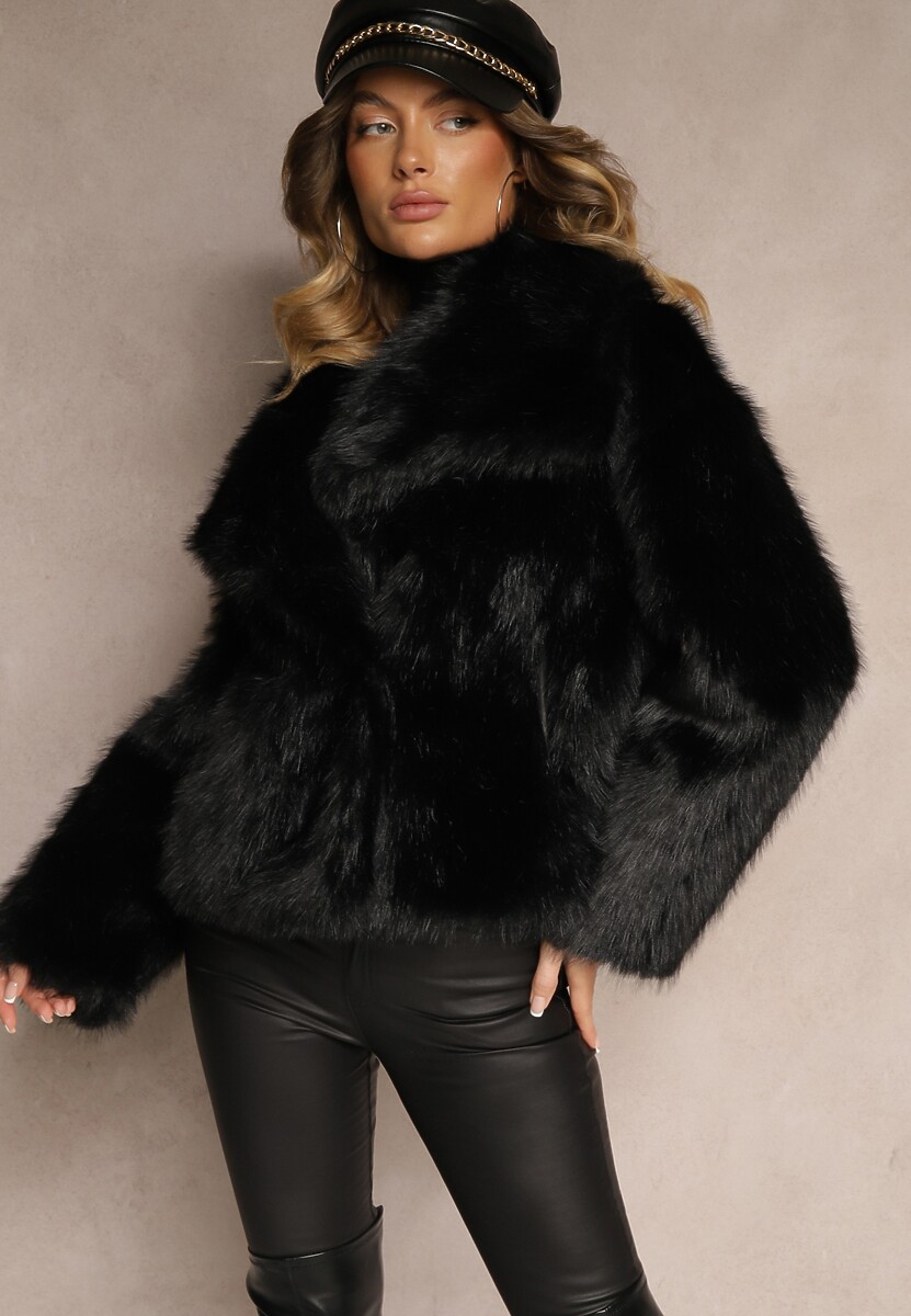 Czarna Elegancka Kurtka Futerko z Kołnierzem Vertirida