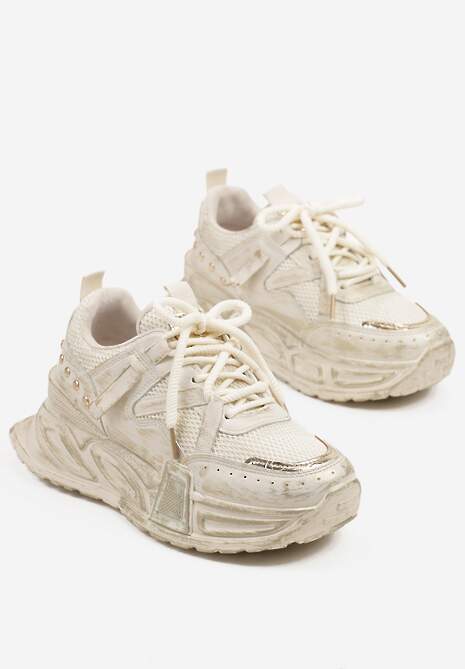 Beżowe Sneakersy na Tłoczonej Platformie z Metalicznymi Wstawkami Eradira