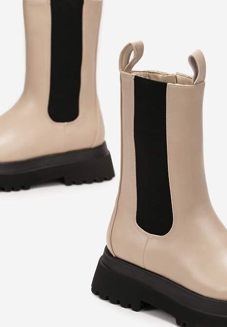 Beżowe Botki Sztyblety na Grubej Podeszwie Amelle