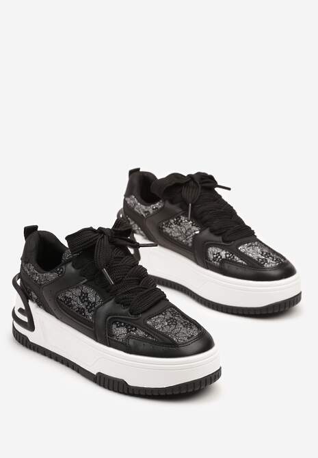 Czarne Sneakersy z Brokatowymi Zdobieniami na Platformie Deovirae