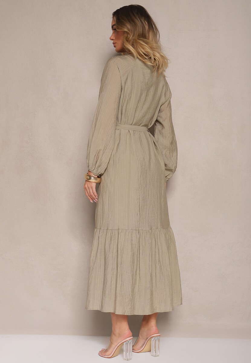 Ciemnozielona Sukienka z Wiskozy Taliowana z Rozkloszowanym Dołem o Koszulowym Kroju Emlio