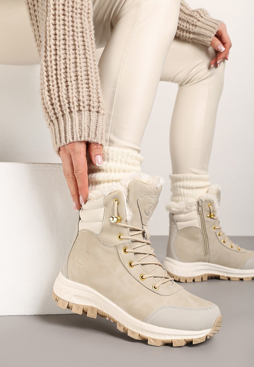 Beżowe Botki Trekkingowe na Platformie ze Sznurowaniem Labrinna