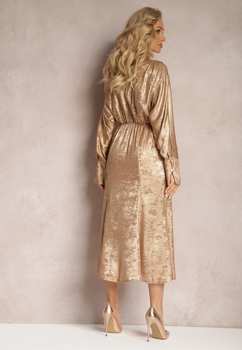 Szampańska Sukienka Midi z Gumką w Pasie i Rękawami Nietoperz Botella