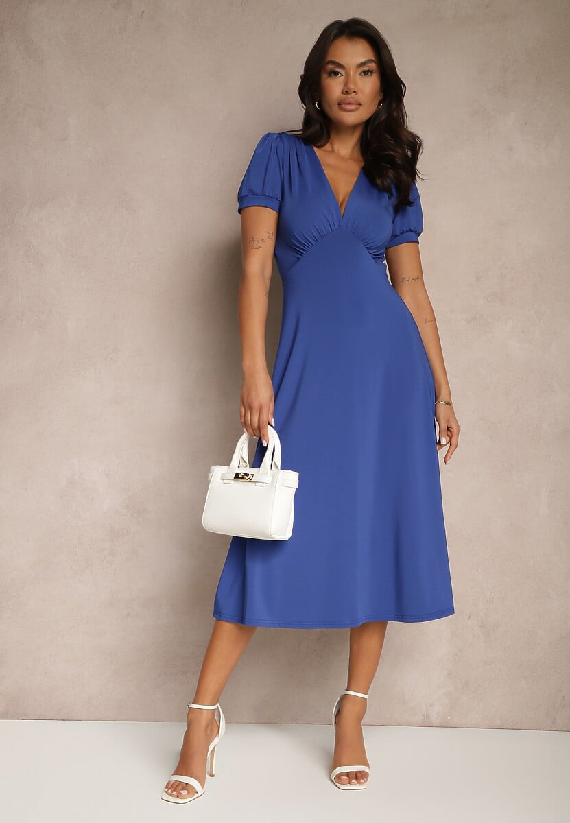 Niebieska Rozkloszowana Sukienka z Wiskozą Koktajlowa z Poduszkami w Ramionach Mimiza