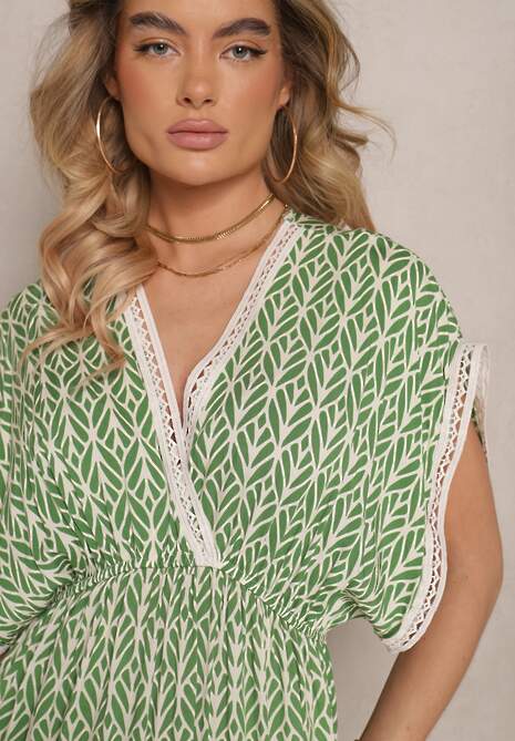 Zielona Sukienka Rozkloszowana z Bawełny Wykończona Koronką Lanadria