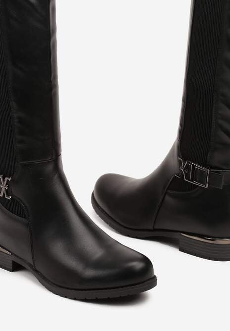 Czarne Płaskie Kozaki w Stylu Muszkieterek z Ozdobną Klamrą Annelis